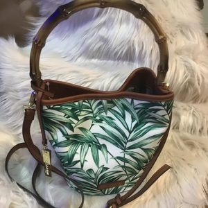 Green Leaf Print Bucket Tote Bag Bamboo Leather